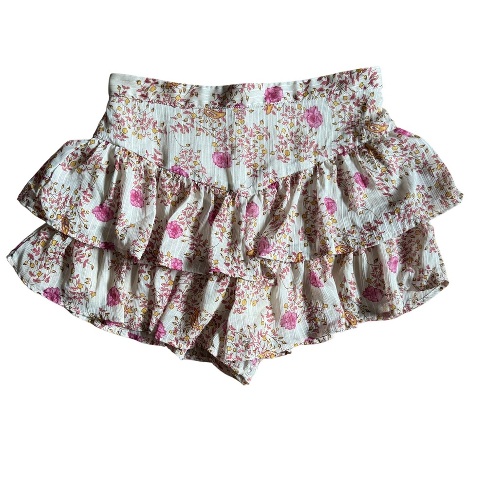 Coquette Floral Tiered Ruffle Shorts Womens Medium Pink Cream Boho Blue Rain